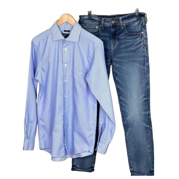 𝅺COTTON Blue & White Check Button Down Shirt 15 1/2 - Picture 1 of 7